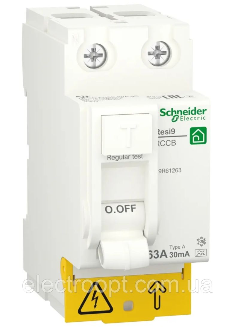 Пристрій захисного вимкнення 63A 30 мA 2П типАС RESI9 Schneider Electric
