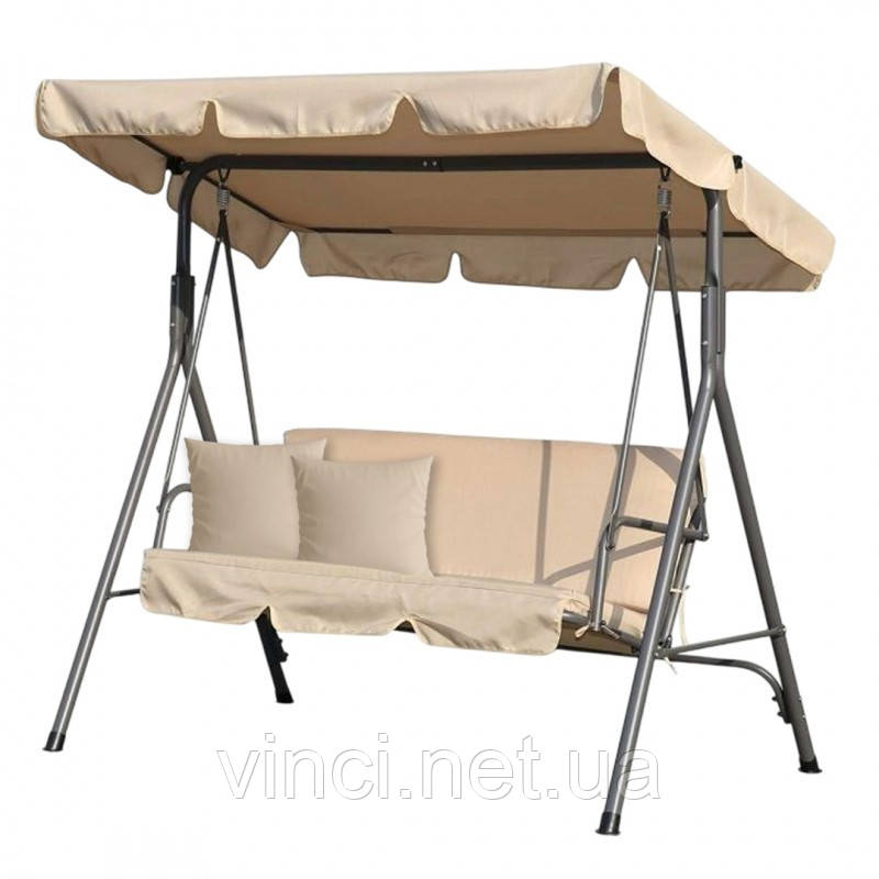 Садова гойдалка 3х-місна з навісом та 2 подушками до 260кг eCarla HO01K БЕЖЕВА Качеля для саду, фото 1