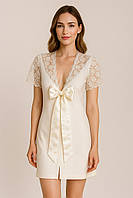 Жіночий короткий махровий халат з мереживом, 100% бавовна, Туреччина, розмір S (42–44)