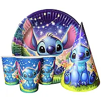 Набір паперового одноразового посуду "Стич" (тарелки, склянки. ковпаки)