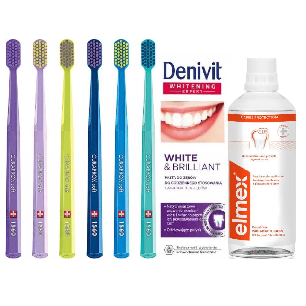 Зубна щітка Curaprox CS 1560 Soft + зубна паста Denivit White&Brilliant відбілююча + ополіскувач Elmex Caries Protection