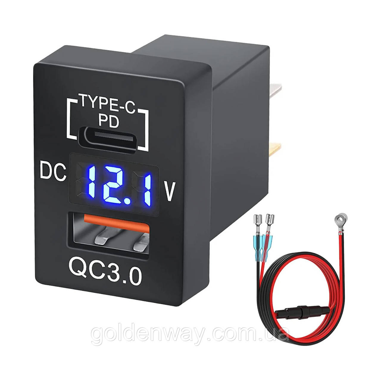 Автомобільне зарядне гніздо врізна розетка з вольтметром АЗП Toyota 33х23мм швидка зарядка USB QC3.0+PD Type C 48Вт СИНІЙ, фото 1