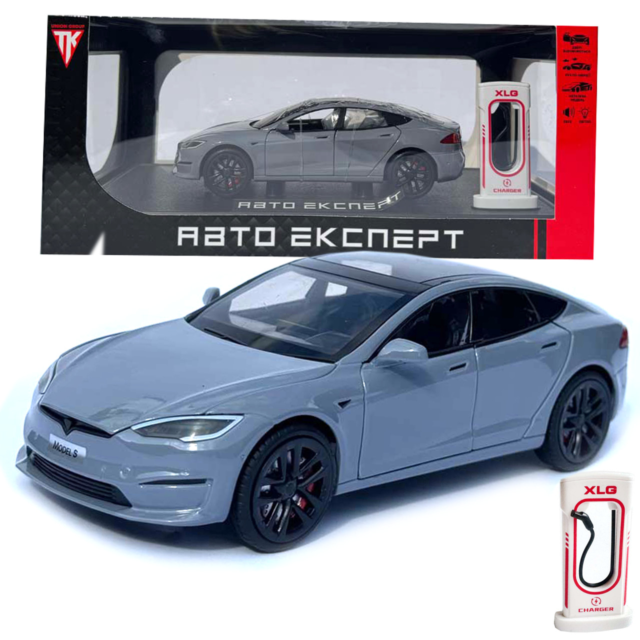 Машинка метал Tesla model S сіра Тесла 1:24 відкр двері баг капот звук світло 17,5*7,5*5,5см (EL 64077), фото 1