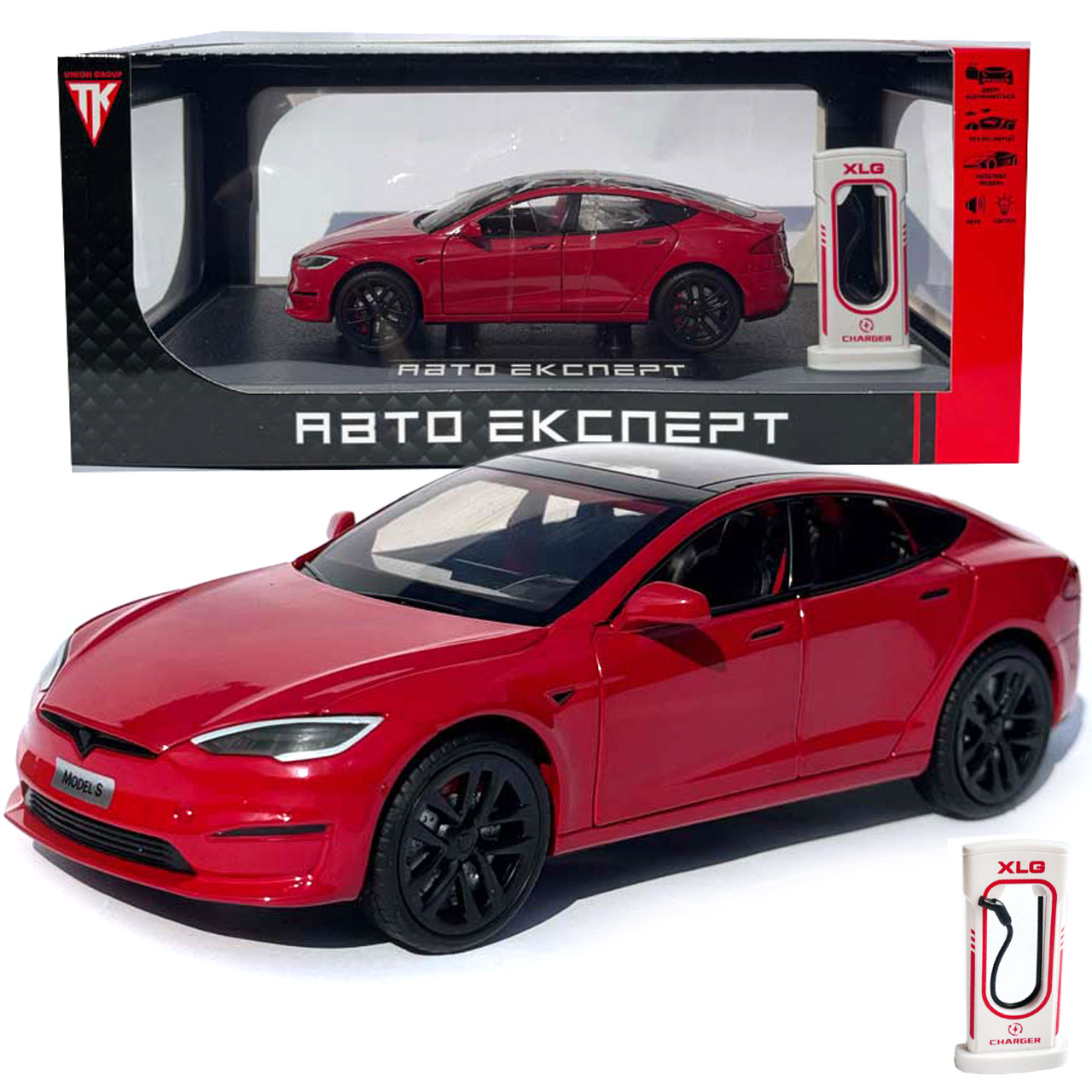Машинка метал Tesla model S червона Тесла 1:24 відкр двері баг капот звук світло 17,5*7,5*5,5см (EL 64077), фото 1