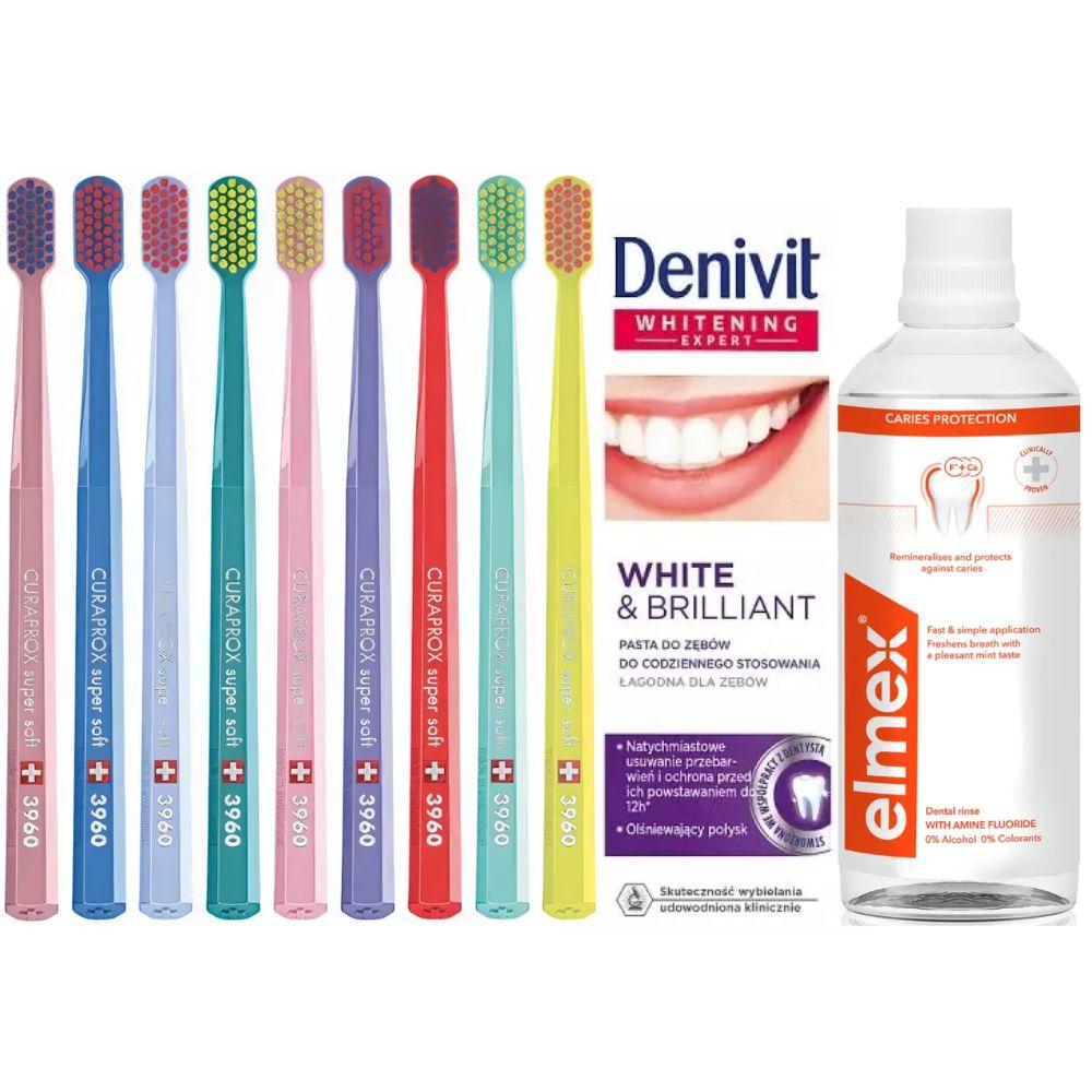 Зубна щітка Curaprox CS 3960 Super Soft + зубна паста Denivit White&Brilliant відбілююча + ополіскувач Elmex Caries Protection