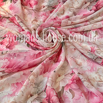 Тканина Шифон принт друкований 150 см Півонії рожеві з білим