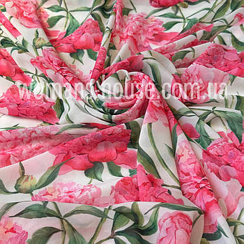 Тканина Шифон принт друкований 150 см Півонії яскраво рожеві