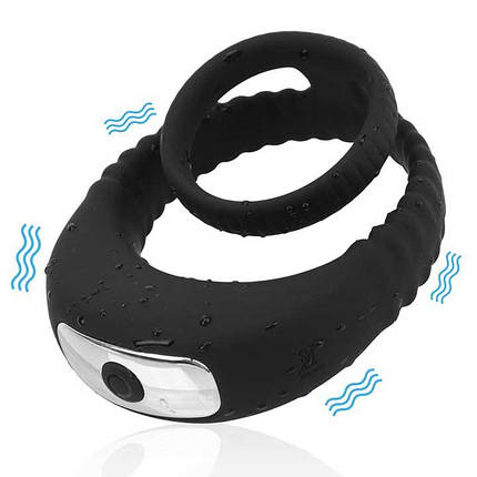 Потрійне ерекційне віброкольцо на пенис і мошонку USB - Чорний, фото 1