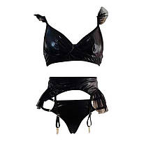 Спокусливий шкіряний комплект з підв'язками для панчіх - Чорний - S/M - Еротична білизна, фото 5