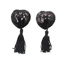 Наклейки для сосків Hearts з паєтками та пензликами чорний, фото 2