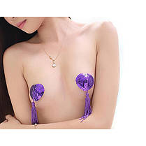 Наклейки для сосків Hearts з паєтками та пензликами чорний, фото 4