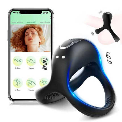 Потрійне ерекційне смарт віброкільце на пеніс і мошонку "Love Spouse" - Чорний, фото 1