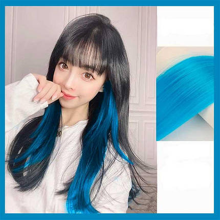 Кольорове пасмо волосся на шпильках 60 см блакитне Накладне волосся, фото 1