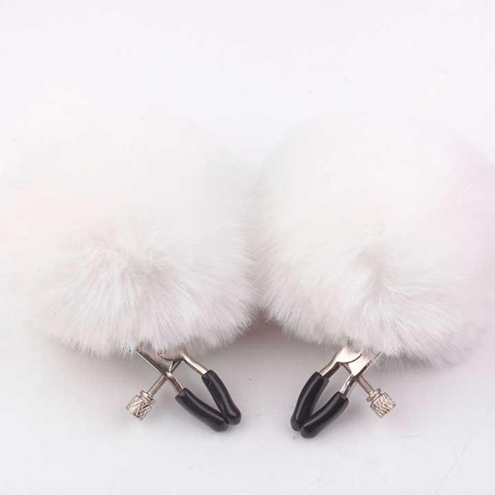 Затискачі для сосків із хутром "Pom Pom Nipple Clamps" - Білий - Садо-мазо