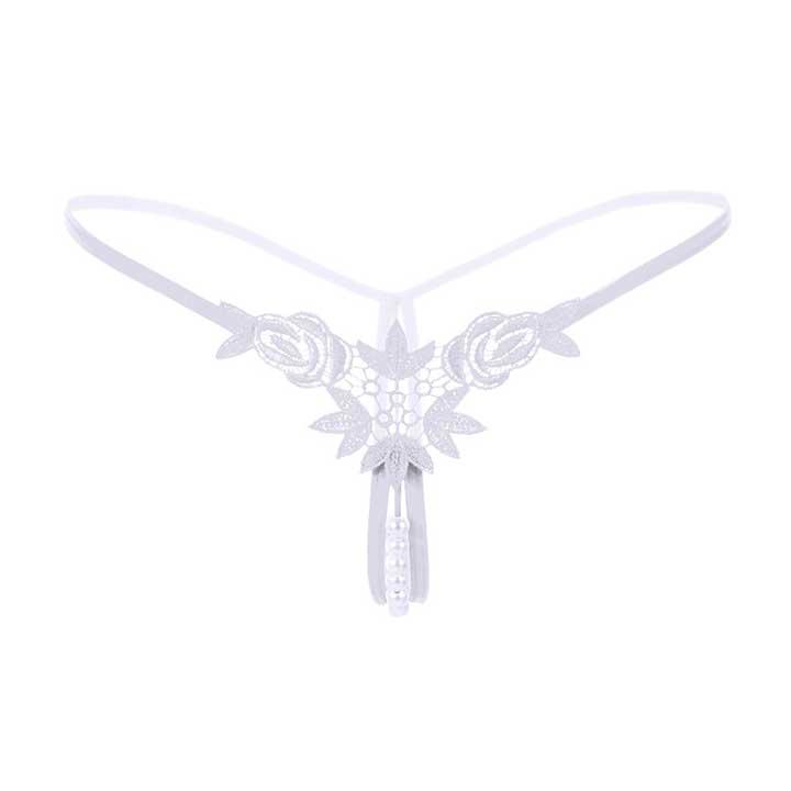 Стрінги з намистинками та квітами - Білий - S/M - Еротична білизна