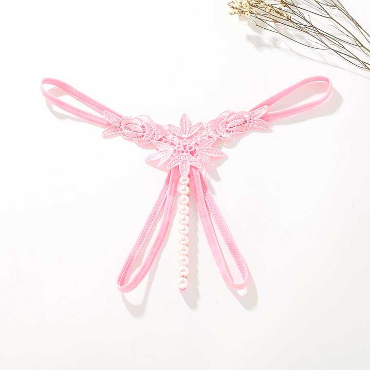 Стрінги з намистинками та квітами - Рожевий - S/M - Еротична білизна