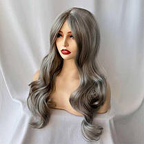 Перука сіра попеляста хвиляста без чубчика з проділом 60 см, фото 4