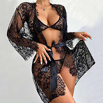 Красивий прозорий мереживний халат з ліфом і стрінгами - Чорний - XS/S - Еротична білизна, фото 4