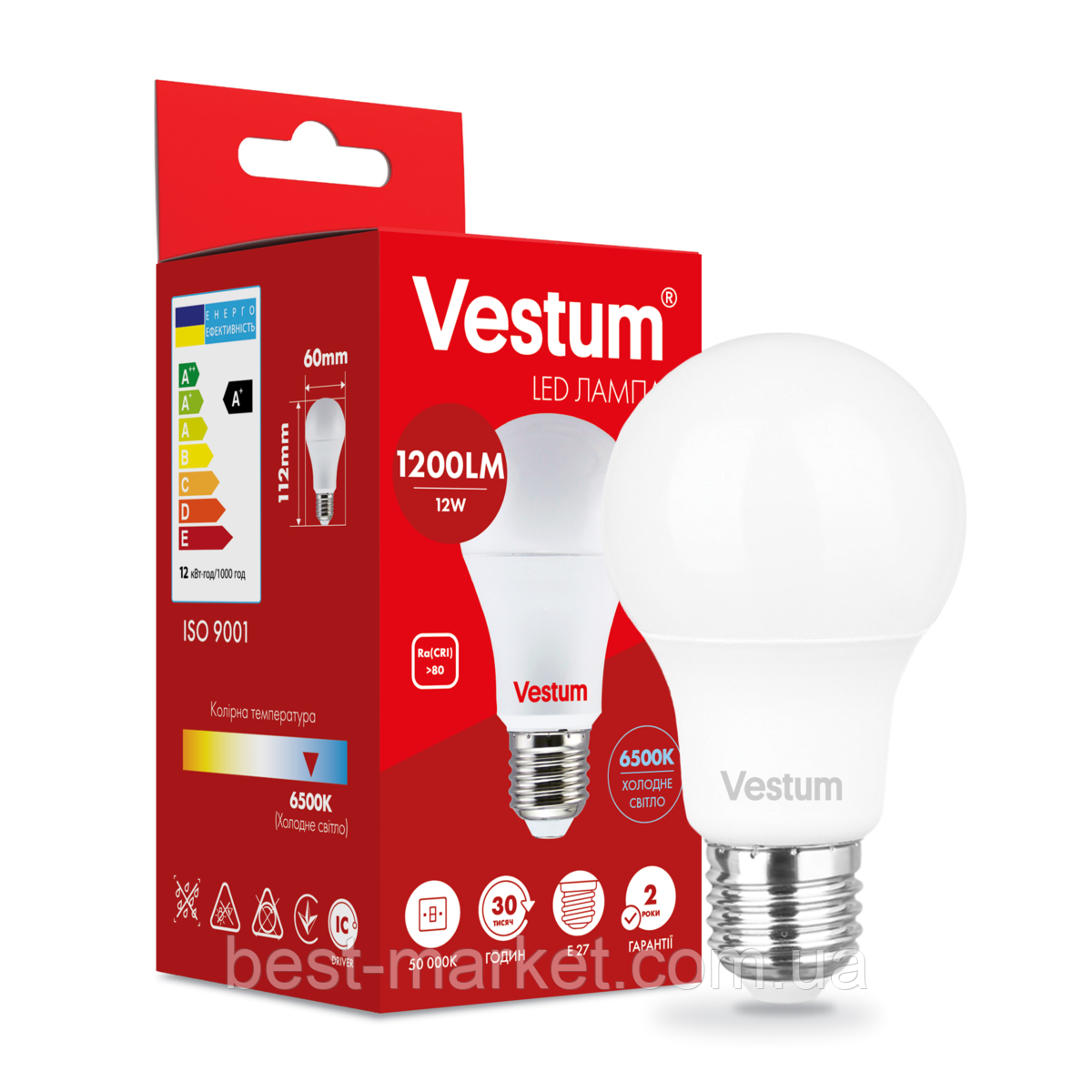 Світлодіодна лампа Vestum A60 12W 6500K 220V E27 1-VS-1115, фото 1