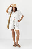 Лляний жіночий костюм із сорочкою та шортами молочний легкий літній костюм із льону розмір М, фото 2
