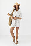 Лляний жіночий костюм із сорочкою та шортами молочний легкий літній костюм із льону розмір М, фото 5