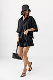 Літній жіночий костюм вільного крою з шортами та сорочкою чорний костюм віскоза розмір Л, фото 2