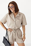 Лляний жіночий костюм із сорочкою та шортами кавовий легкий літній костюм із льону розмір S, фото 4