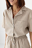 Лляний жіночий костюм із сорочкою та шортами кавовий легкий літній костюм із льону розмір S, фото 5