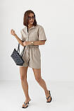 Лляний жіночий костюм із сорочкою та шортами кавовий легкий літній костюм із льону розмір S, фото 6