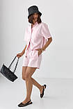 Лляний жіночий костюм із сорочкою та шортами рожевий легкий літній костюм із льону розмір М, фото 2