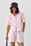 Лляний жіночий костюм із сорочкою та шортами рожевий легкий літній костюм із льону розмір М, фото 4
