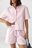 Лляний жіночий костюм із сорочкою та шортами рожевий легкий літній костюм із льону розмір М, фото 5