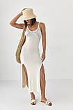 Літня жіноча сукня міді сарафан на бретельках кремова в'язана довга сукня в обтяжку, фото 2