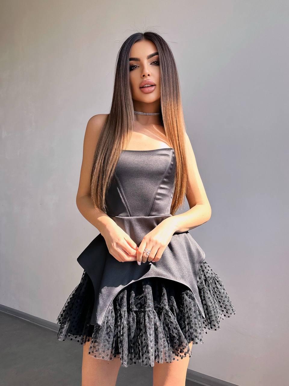 Жіноча неймовірна корсетна міні сукня з атласу та легкої сітки, фото 1