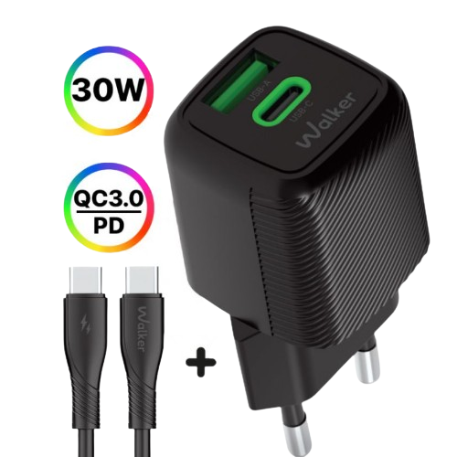 Зарядний пристрій мережевий USB/Type-C + кабель Type-C 30W чорний GaN WALKER WH-71 black, фото 1