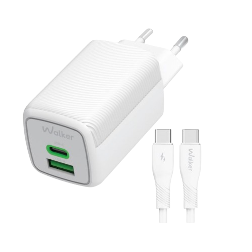 Зарядний пристрій мережевий USB/Type-C + кабель Type-C 65W білий GaN WALKER WH-75 white, фото 1