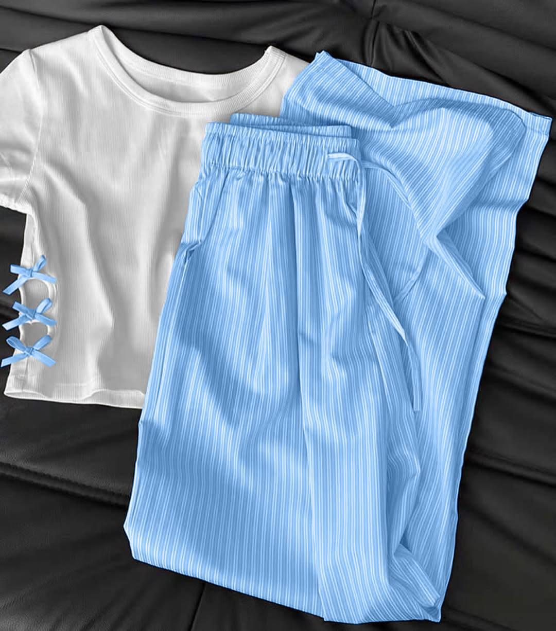 Костюм топ з бантиками + штани палаццо блакитного кольору, фото 1