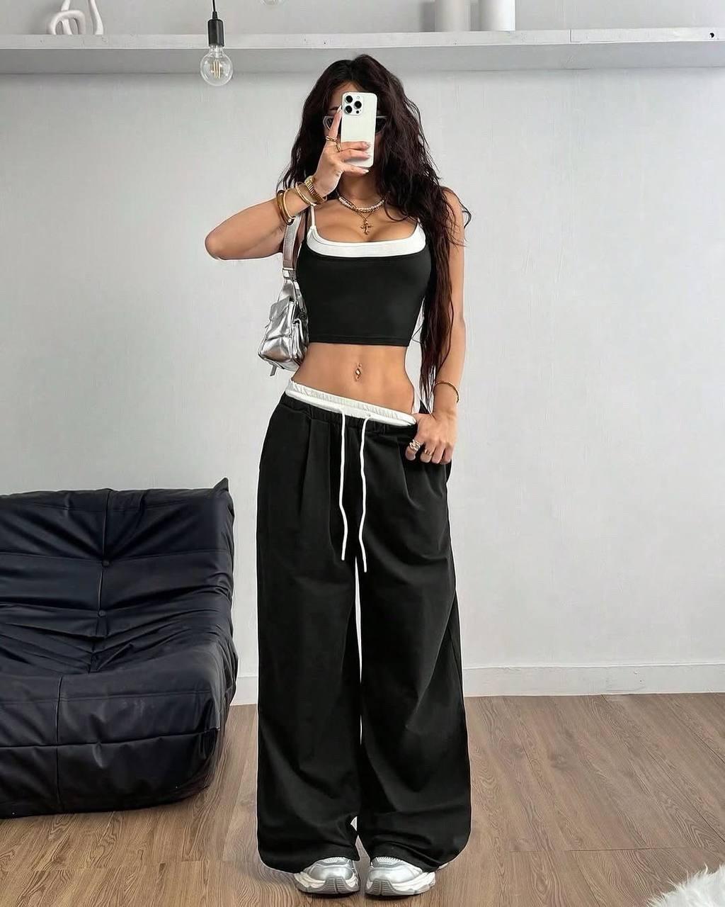 Костюм з імітацією білизни топ + штани палаццо чорного кольору, фото 1