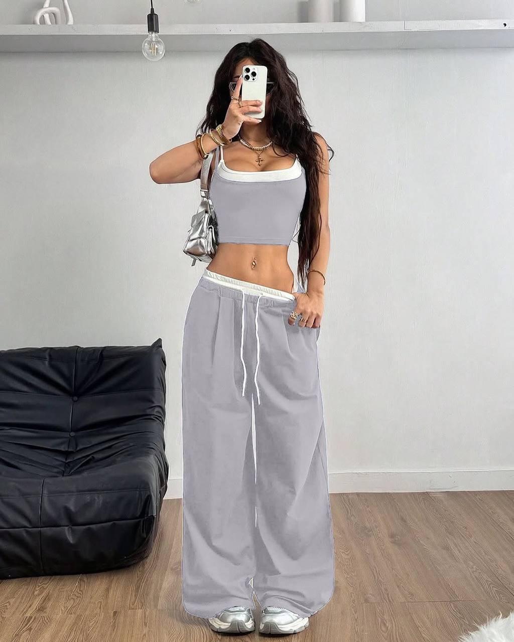 Костюм з імітацією білизни  топ + штани палаццо сірого кольору, фото 1