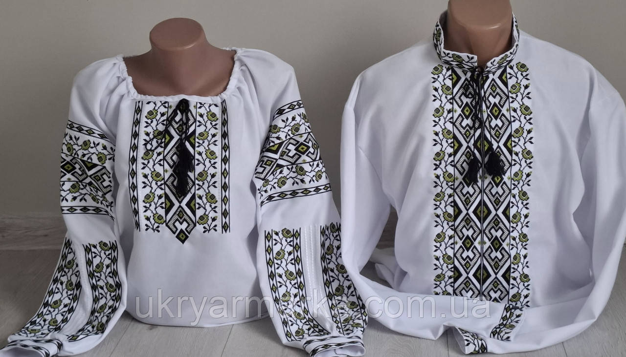 Білі сорочки  для пари з чорною і зеленою вишивкою "Прилуччя"