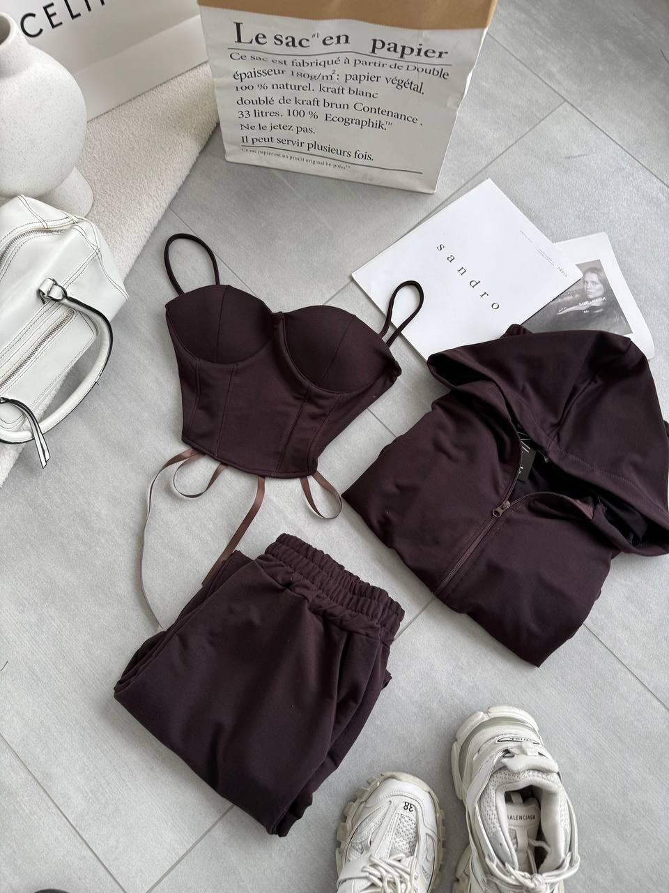 Костюм трійка кофта + топ/корсет + джоггери шоколадного кольору, фото 1