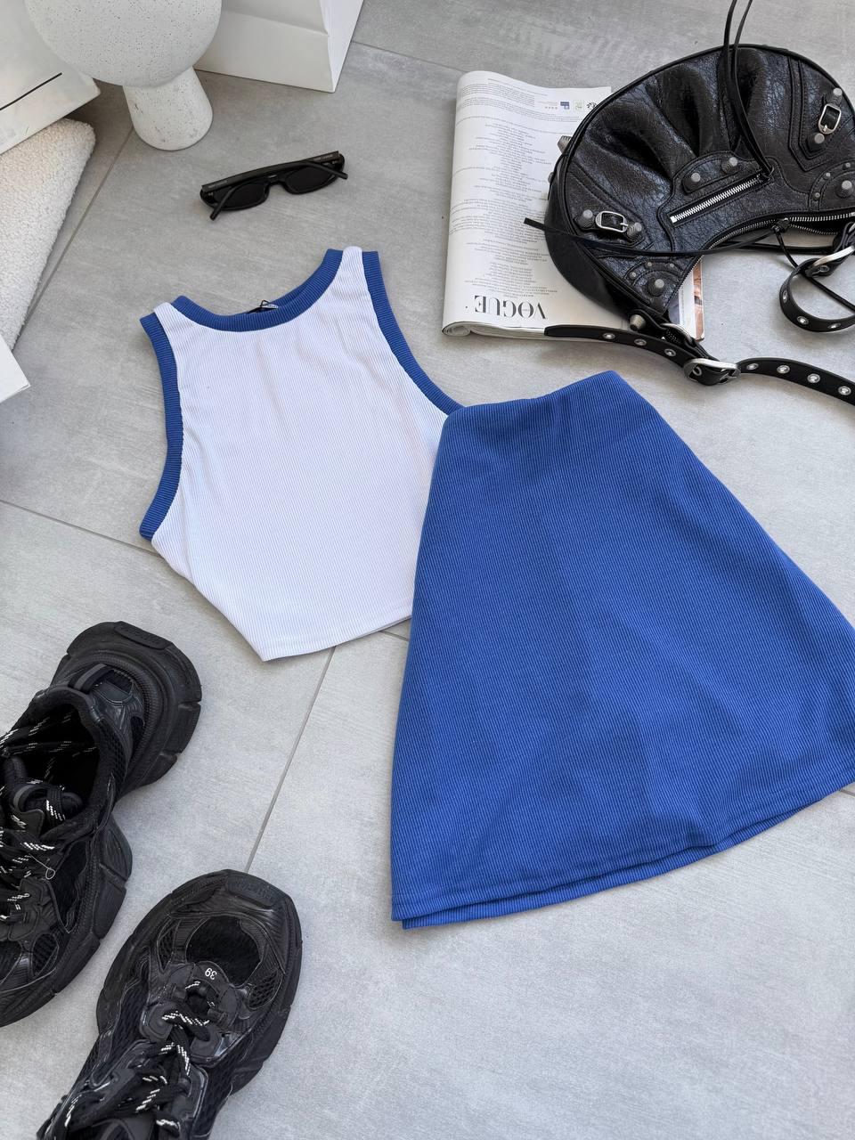 Cтильний та сучасний костюм топ + спідниця-шорти синього кольору, фото 1