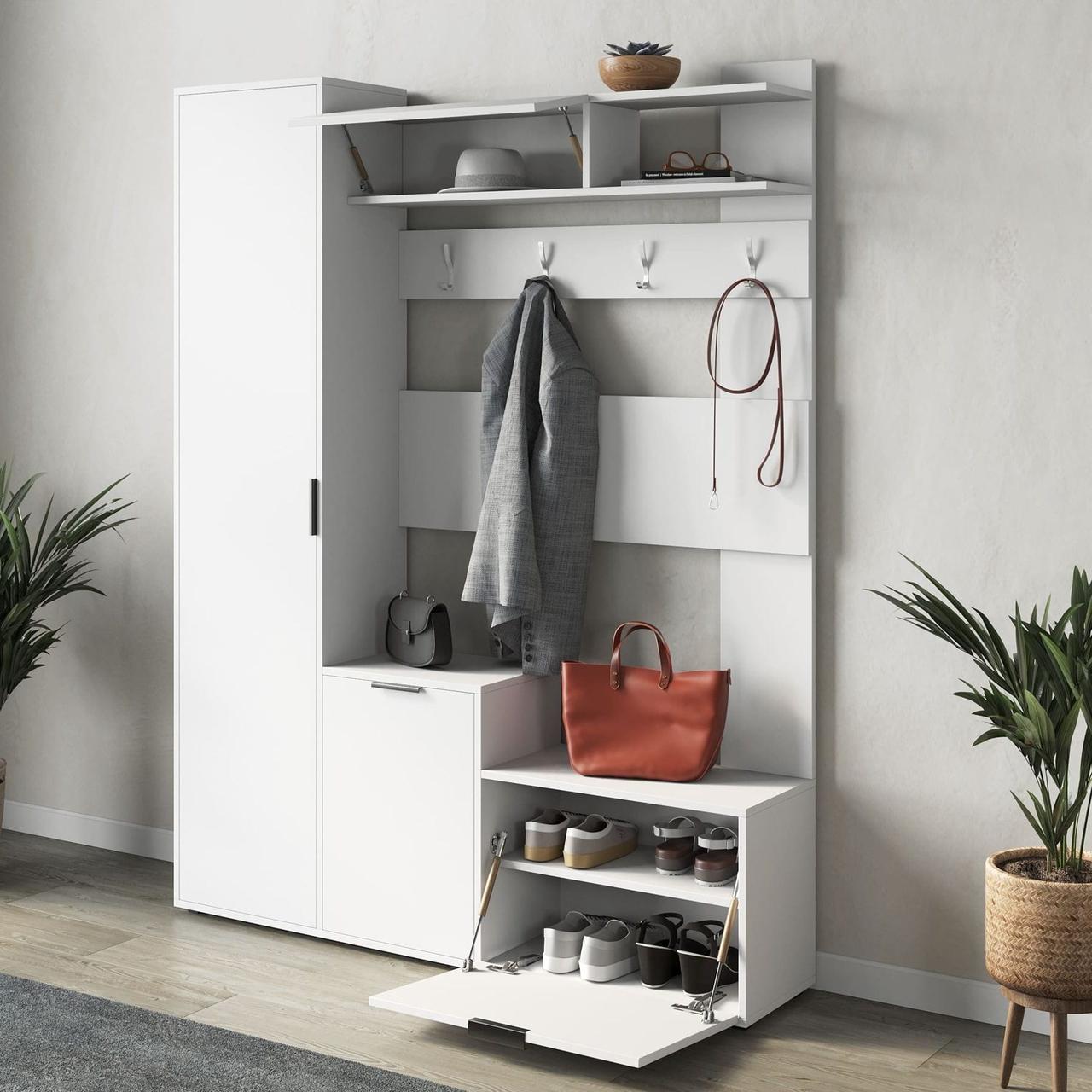 Гардеробна стійка для одягу з ДСП Сучасна шафа з тумбами для взуття та вішалкою в коридор шириною 140 см, фото 1