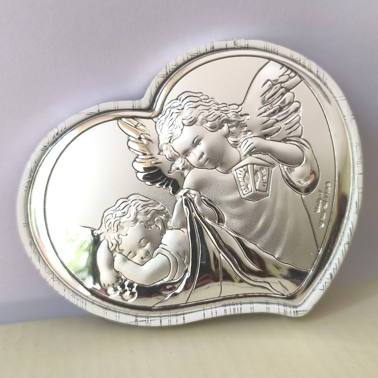 Ікона дитяча Ангел-охоронець вкриває Немовля в сердечку світлий оклад, фото 1