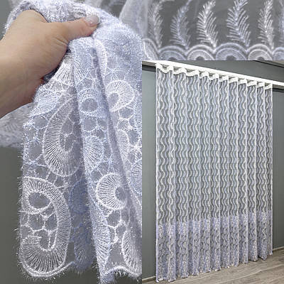 Тюль органза з вишивкою та люрексом. Колір блакитний з білим. Код 1683т