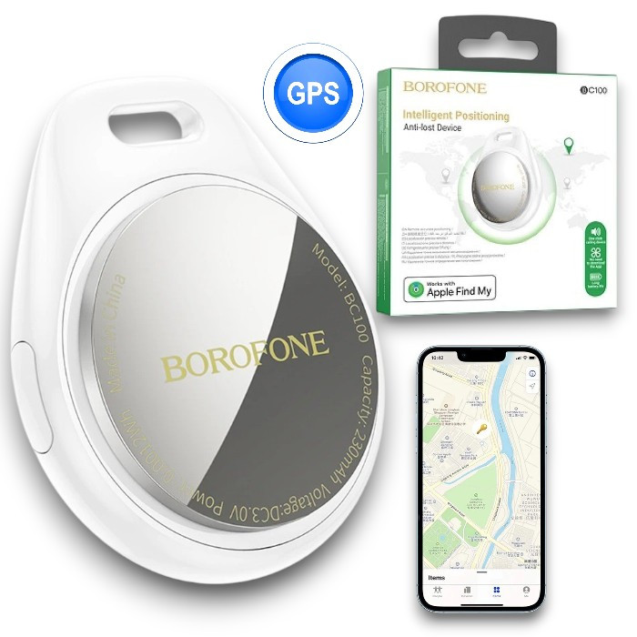 Розумний брелок Borofone BC100 GPS трекер для ключів, сумки, валізи, Apple Find My, білий