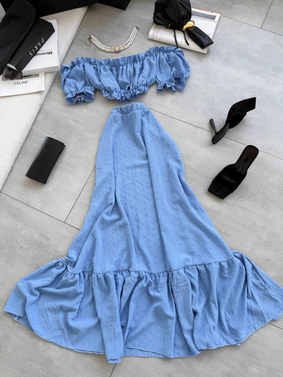 Стильний костюм блуза + спідниця максі синього кольору, фото 1