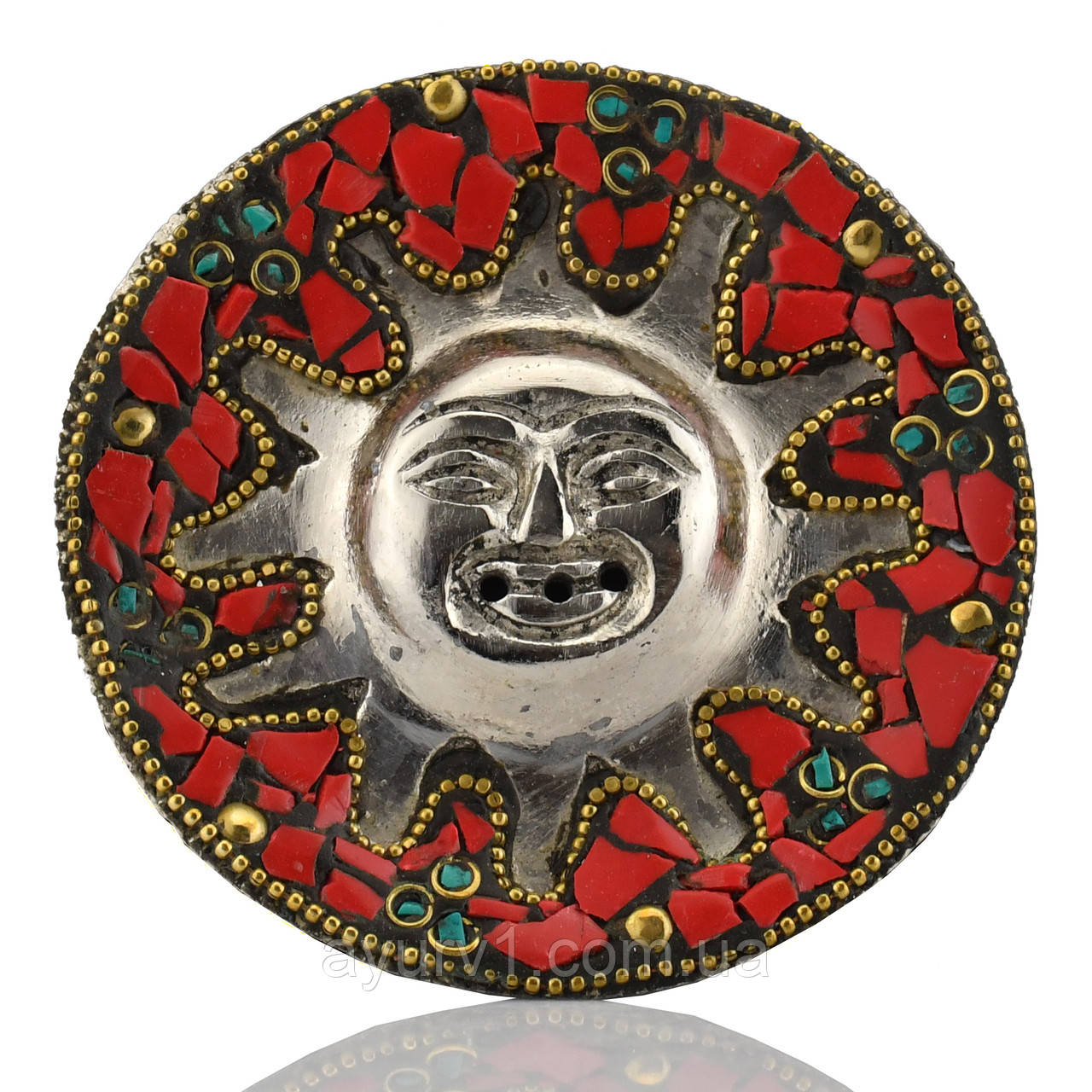 Металева підставка для ароматичних паличок та конусів із символом Сонця (червона)