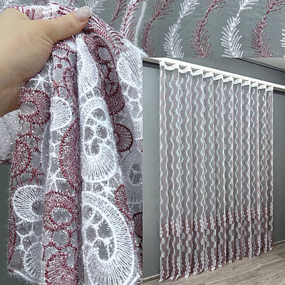 Тюль органза з вишивкою та люрексом. Колір бордовий з білим. Код 1691т