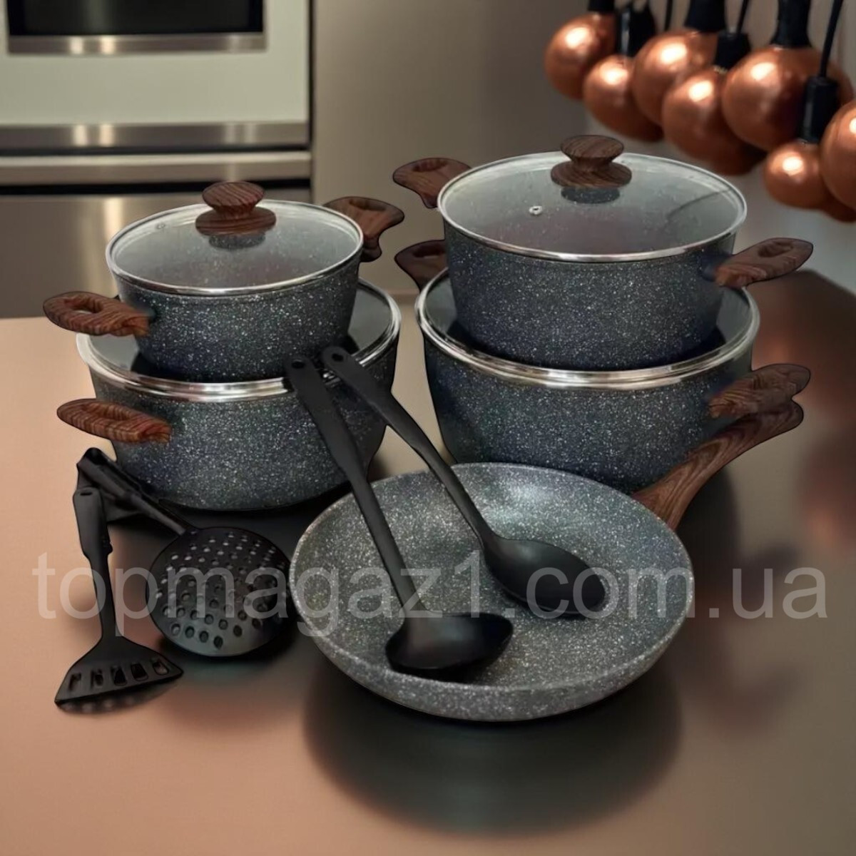 Набір каструль Rainberg 13в1 з гранітним антипригарним покриттям і багатошаровим дном для всіх видів плит, фото 1